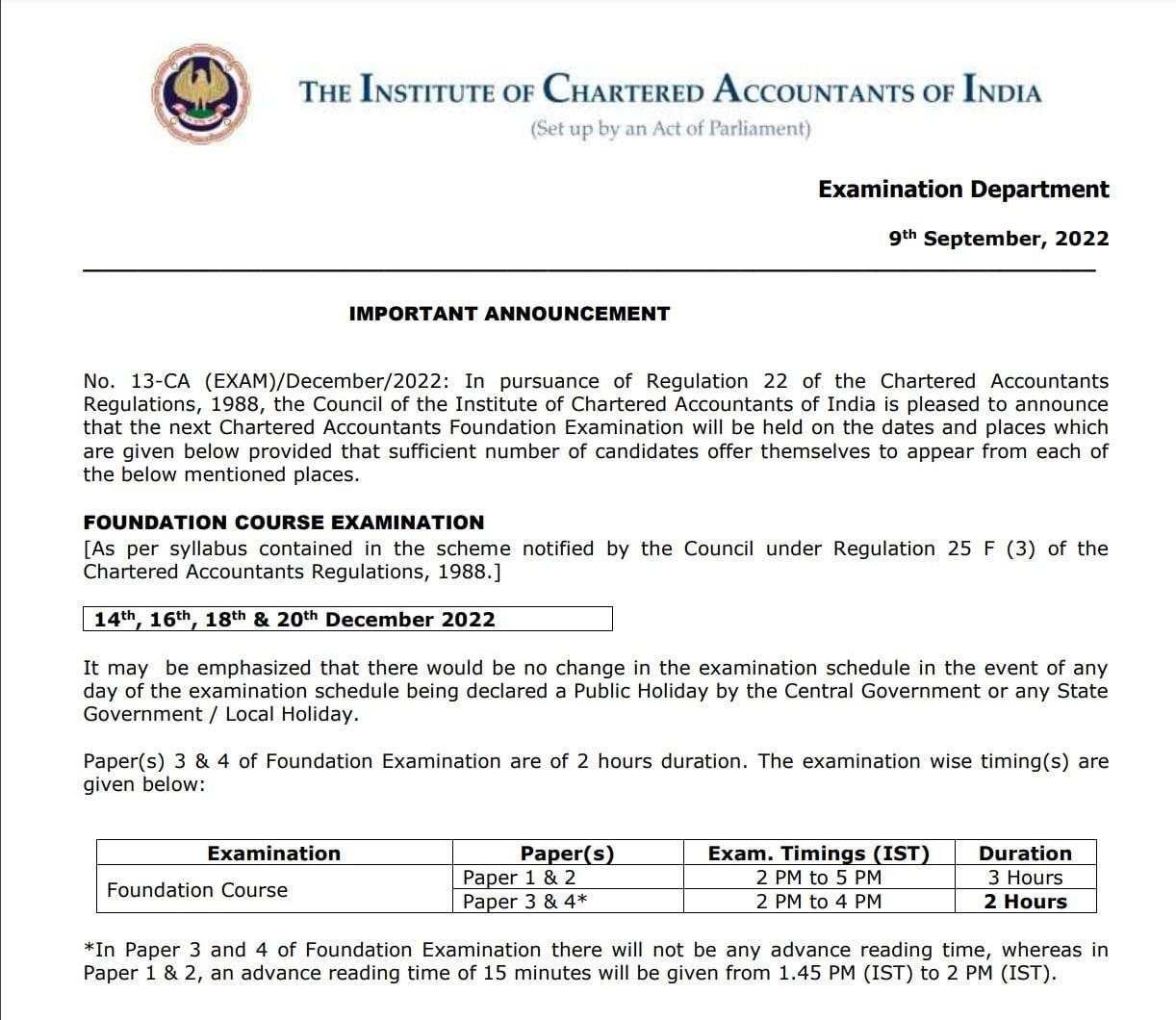 ICAI Notification Concerning CA Foundation Exam Time Table 2022